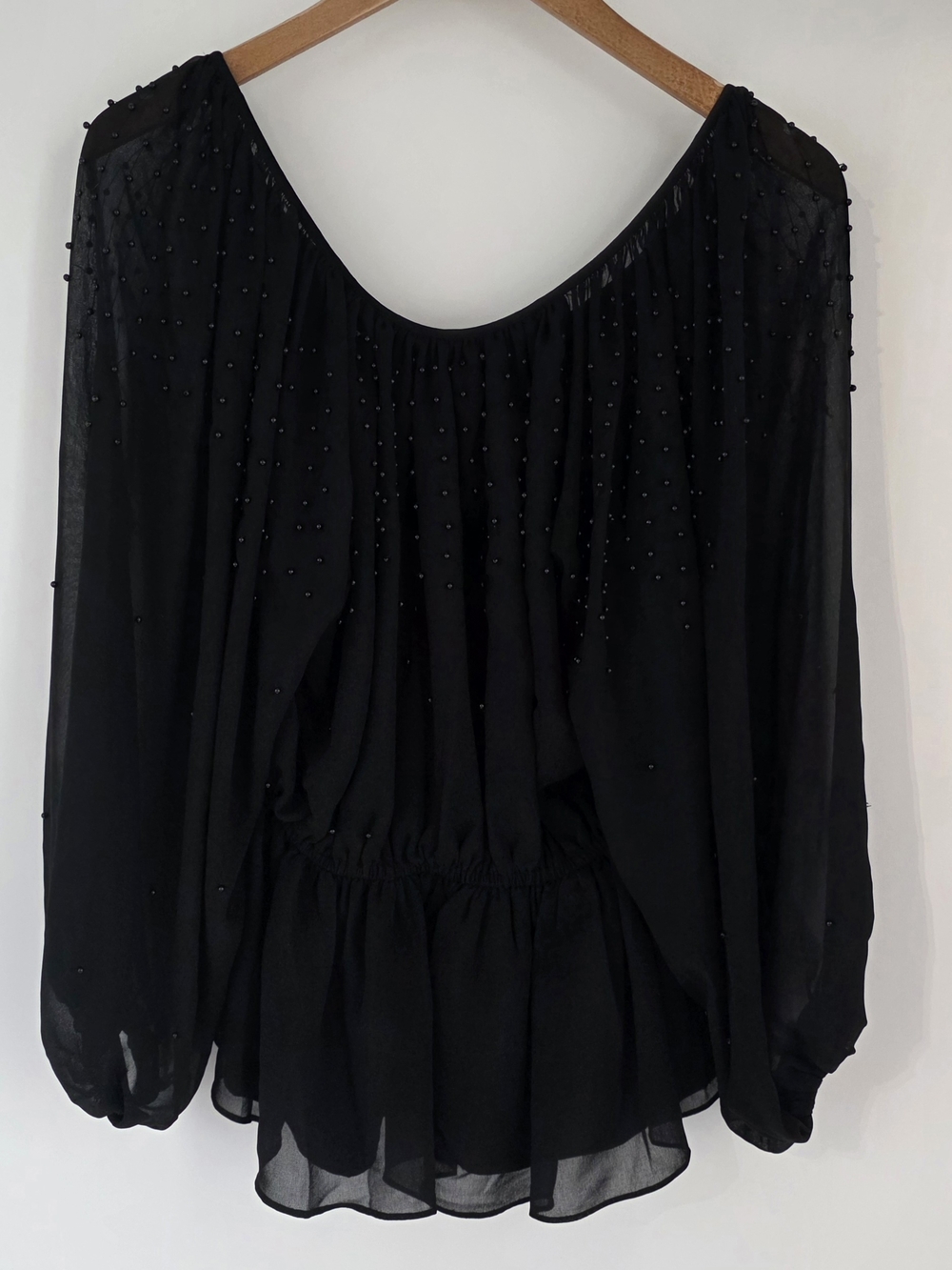 Elie Tahari Black Beaded Sheer Long Sleeve Peasant Blouse Size XSmall